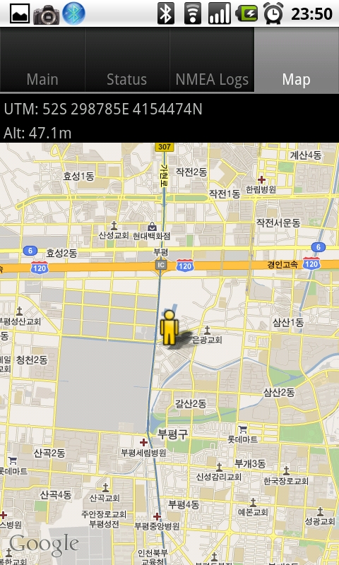 Map 화면에선 GPS 수신 위치가 표시됨