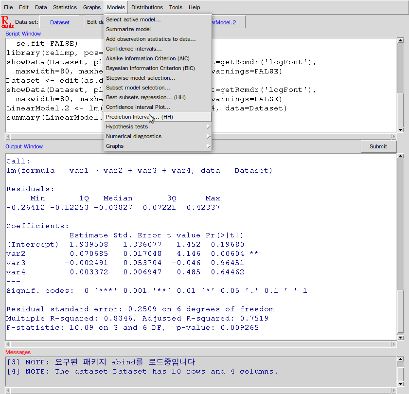 Statistics - Fit Analysis - Linear Model를 선택한다.